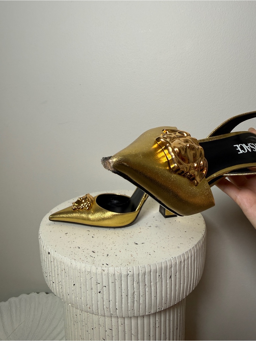 Versace Metallic Gold Pointed Slingback Heels with Medusa Detail: size 38.5 - Picture 5 of 8